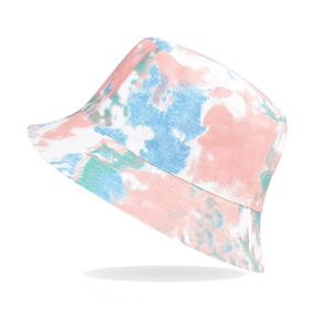 Pastel tie-dye bucket hat in pink and blue cotton canvas for sun protection