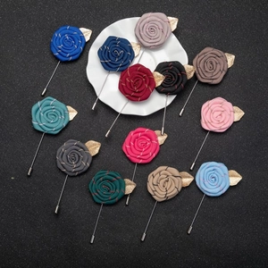 Handmade fabric rose flower lapel pins for suits with gold leaf accent in various colors