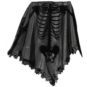 Detail showing black mesh Halloween skeleton shawl with intricate skull lace edge