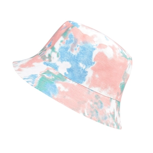 Close-up of tie-dye bucket hat in pink, blue, and green on a clean white background