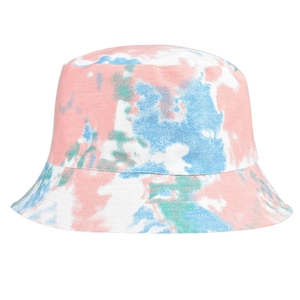 Detailed close-up of vibrant tie-dye bucket hat showing neat stitching and cotton texture