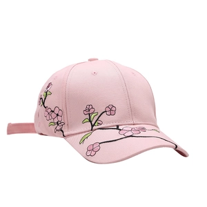 Pink cotton baseball cap for women with delicate cherry blossom embroidery and sun protection