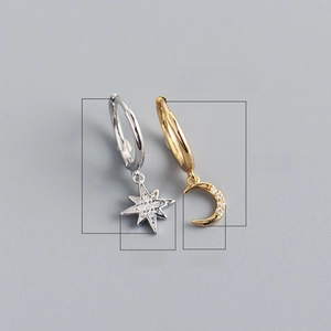 Detailed dimensions of S925 silver star and moon earrings with cubic zirconia