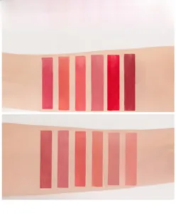 Muestras en el brazo de 12 tonos de lápiz labial líquido mate con colores de larga duración