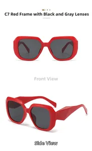 Detail of red square sunglasses with geometric temples and black grey lenses