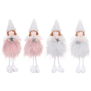 Set of 4 plush Christmas tree angel ornaments in white and pink faux fur with silver stars