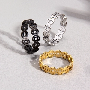 Ancient Copper Coin Ring Stainless Steel Hollow Wealth Good Luck Band Ring Chinese Style Jewelry For Men And Women
