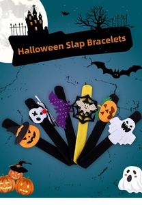 Collection of six Halloween slap bracelets featuring pumpkin, skull, and bat designs