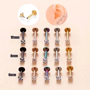 Piercing Labret In Acciaio Inossidabile Con Filettatura Interna E Zirconia Rotonda Base Piatta Gioielli Per Cartilagine