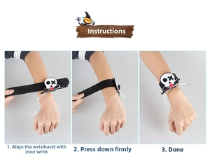 Three-step tutorial showing how to wear a Halloween skull plush snap bracelet toy