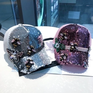Sparkly sequin baseball cap with rhinestone bee and butterfly mesh back sun hat
