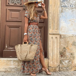 Bohemian floral V-neck maxi dress with short sleeves and brown waist belt in street style