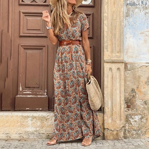 Bohemian V-neck floral maxi dress with paisley print and a brown leather belt detail