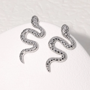 Pair of silver snake-shaped stainless steel stud earrings in minimalist punk style