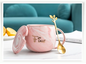 Pink marble ceramic mug with gold FINE lettering and leaf-shaped spoon set