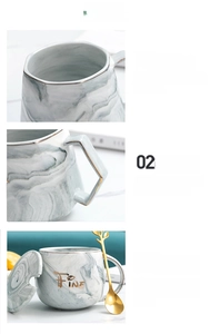Detail view of marble ceramic mug with gold FINE lettering, leaf spoon and matching lid
