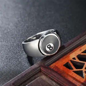 Men's titanium steel ring featuring black billiard number 8 design in punk street style
