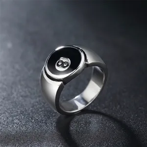 Polished stainless steel signet ring with black billiard number 8 design for men