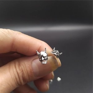 Vintage silver Hannya devil skull stud earrings in Japanese punk style for men and women