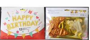 Detailed packaging view showing 13 gold foil Happy Birthday balloons with instructions