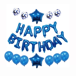 Blue Happy Birthday balloon set including star foil and sequin latex balloons