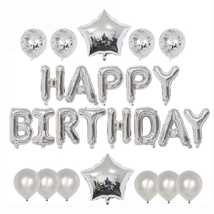 Silver Happy Birthday balloon set featuring star foil balloons and glitter confetti balloons