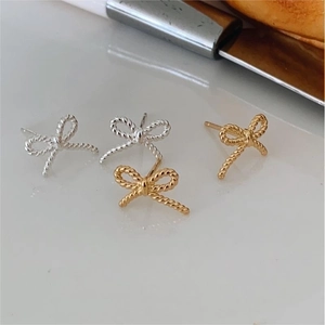 Elegant 925 sterling silver bow knot stud earrings in gold and silver textured finish