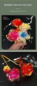 Detailed view of 24k gold foil artificial roses in various vibrant iridescent colors