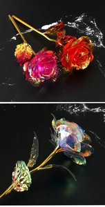 Close-up of three 24k gold foil artificial roses with iridescent petals and golden stems