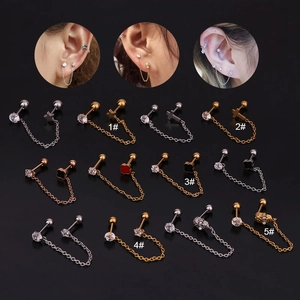 Stainless Steel Double Stud Earrings With Chain Zircon Pentagram Star Cross Ear Cartilage Piercing Jewelry Women