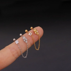 Gothic punk skull chain earrings with sparkling zircon studs in gold and silver finish