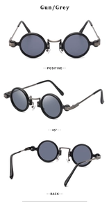 Three-way view of steampunk round sunglasses showing front, side, and back in gun grey