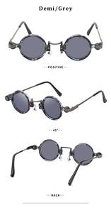 Three views of demi grey steampunk round sunglasses with metal frames from multiple angles