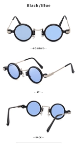 Steampunk round sunglasses detail showing black metal frames and blue lenses