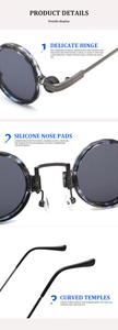 Detail view of steampunk sunglasses with metal hinges, nose pads, and marble frame