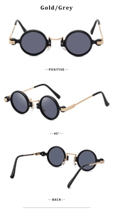 Three-angle view of gold steam-punk sunglasses with grey lenses in a clean studio layout