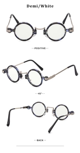 Three-view display of vintage steampunk round sunglasses in demi tortoise and white finish