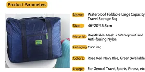 Dettaglio della borsa da viaggio in nylon blu navy con grande capacità e pieghevole
