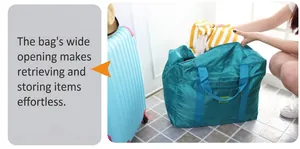 Dettaglio della borsa da viaggio verde con ampia apertura a zip per riporre i vestiti