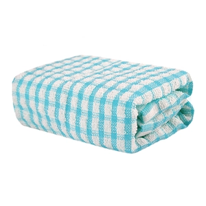 Absorbent blue and white checkered cotton kitchen towel folded on a clean background
