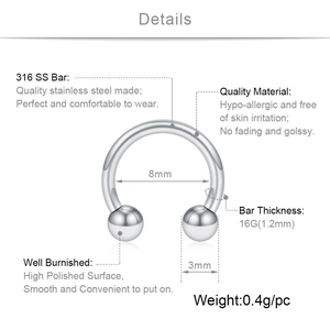 Polished 316L stainless steel circular barbell ring 16G with precise dimensions