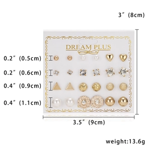 Detailed view of 12-pair gold alloy stud earring set with size and weight specs