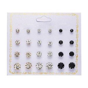 Detailed set of 12 pairs alloy stud earrings with white and black sparkling zircons