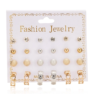 12 pairs of gold and silver alloy stud earrings with rhinestones and heart designs