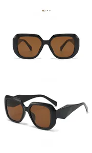 Detail of square sunglasses with black geometric temples and brown lenses shown in two views