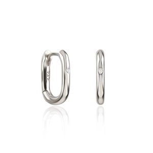 Polished S925 sterling silver oval hoop earrings with a single round zircon stone