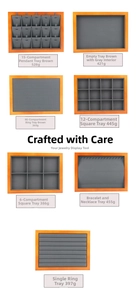 Detailed grid showing brown wood jewelry trays with grey velvet liners for displays