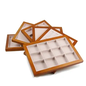 Wooden Jewelry Display Tray With Microfiber Lining Professional Ring Necklace Bracelet Organizer Multi Slot Stackable