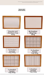Brown wooden jewelry display trays with beige velvet interior for rings and necklaces