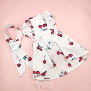 Flat lay of white pet wedding dress with red cherry prints and matching bow headpiece